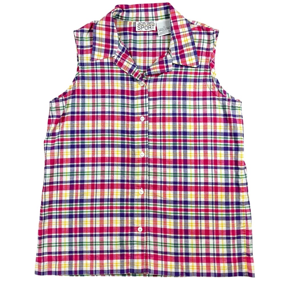 VTG Jaclyn Smith Sport Plaid Sleeveless Button Shirt Cotton Top Size 12 Y2K